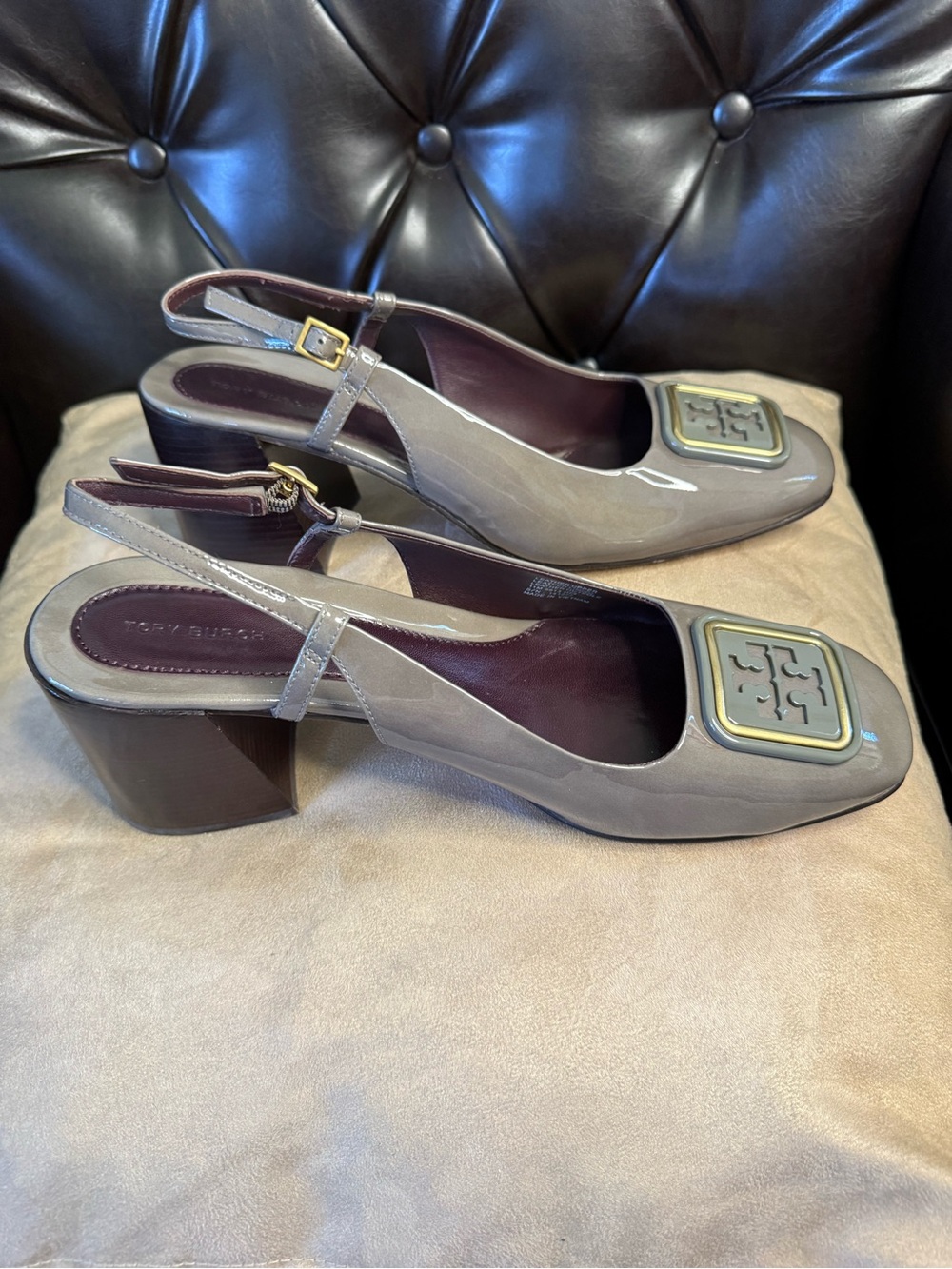 Tory Burch Taupe Patent Leather Slingback Heels with Gold Logo